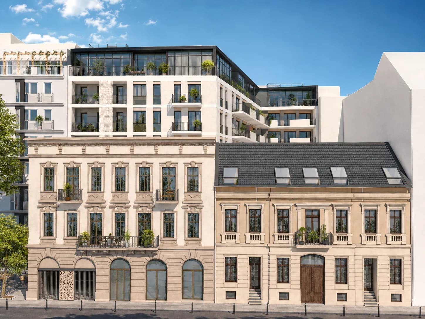 A YARA Residence homlokzata: műemléki épület és modern ráépítés